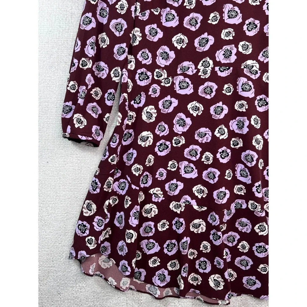 Loft Burgundy Floral Poppy Long Sleeve Ruffle Hem‎ Dress Purple White Womens